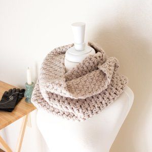 Beige Wool Crocheted Infinity Scarf Thick Warm Wool Blend Cowl Unisex Handmade